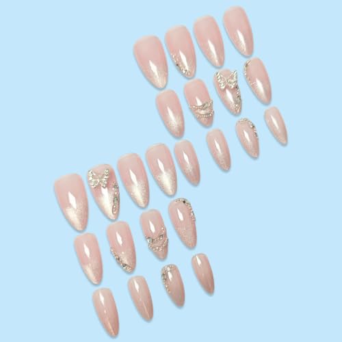 Nude Press on Nails Medium Almond 3D Butterfly Glitter Acrylic Fake Nails