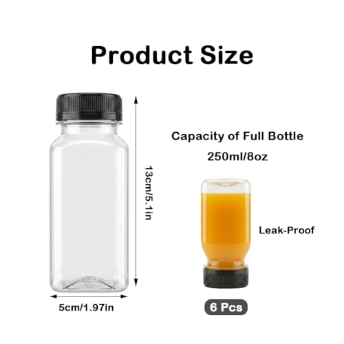 8oz Plastic Juice Bottles with Black Lids - 6 Pack, Leak-Proof Reusable Drink Containers