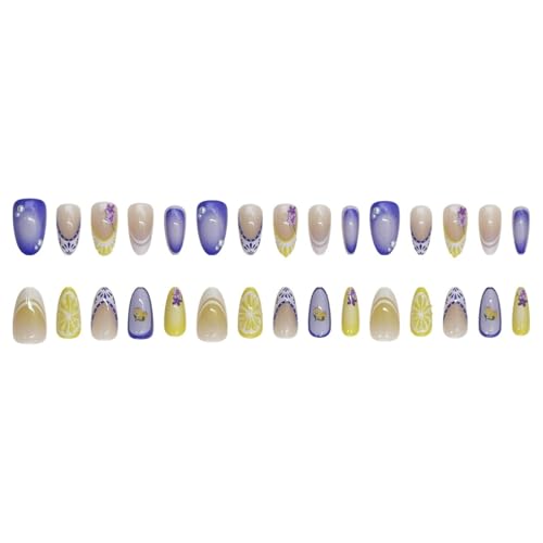 French Tip Press on Nails Medium Almond Acrylic False Nails with Lemon Flower