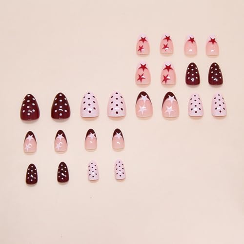 Short Almond Press on Nails Pink French Tip with Star and Polka Dot Design
