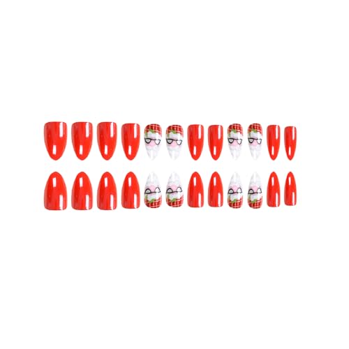 Christmas Press On Almond False Nails Red Glossy Winter Holly Designs