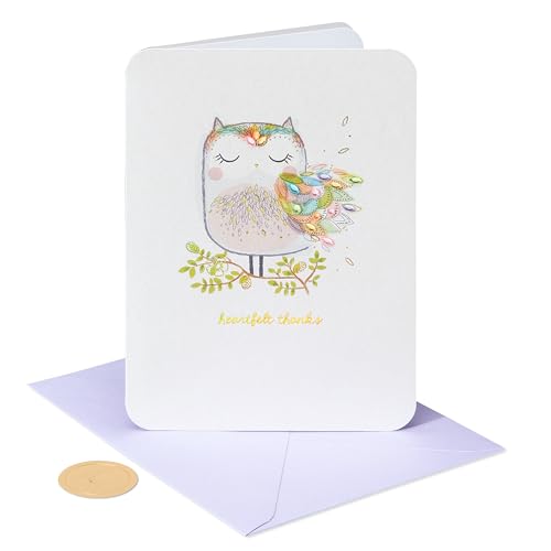 Papyrus Heartfelt Owl Thank You Card - Premium Embellished Greeting Card