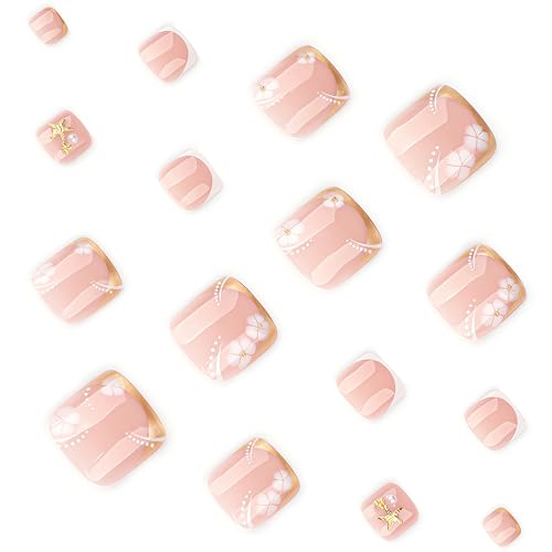 White Flower Press on Toenails Glossy Short Square False Toenails