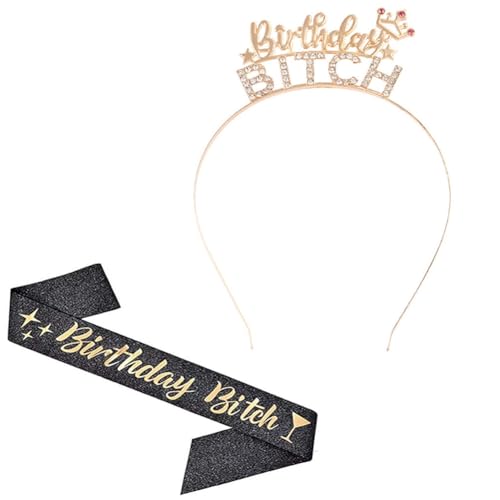 Birthday Bitch Rhinestone Headband and Glitter Satin Sash Set