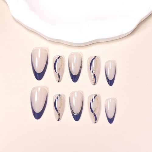 Navy Blue French Tip Press on Nails Medium Almond Fake Nails with Gold Glitter