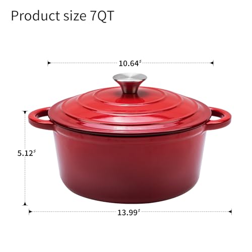 WOKINS 7QT Enameled Cast Iron Dutch Oven Pot with Lid,Heavy-Duty Cookware for Sourdough Bread Baking,Braising,Stews,Roasting,Oven Safe up to 500°F,RED