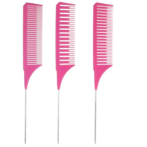 3PCS Professional Highlighting Combs with Stainless Steel Rat Tail - Pink Hair Dye Weaving Comb Set