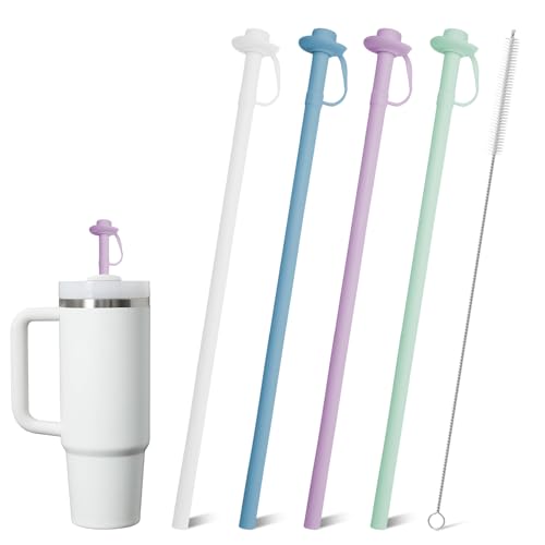 HEBEICRMY 4 Pack Reusable Silicone Straws for Stanley Cups with Straw Toppers