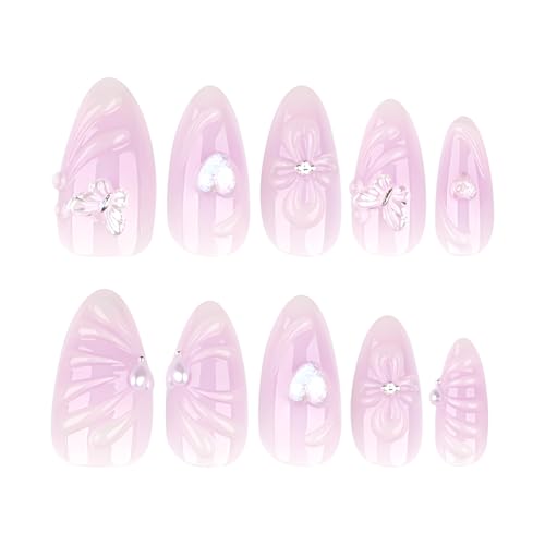 Purple 3D Flower Press On Nails Medium Almond Heart Butterfly False Acrylic Nails Set