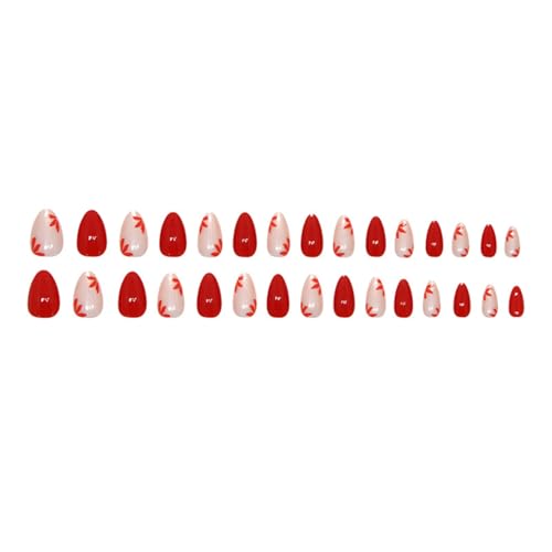MIXFOSAHN Short Almond Press on Nails Red White Floral False Nails 30 Pcs