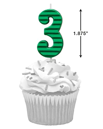 Papyrus Number 3 Green Striped Birthday Candle - 3.25" Tall