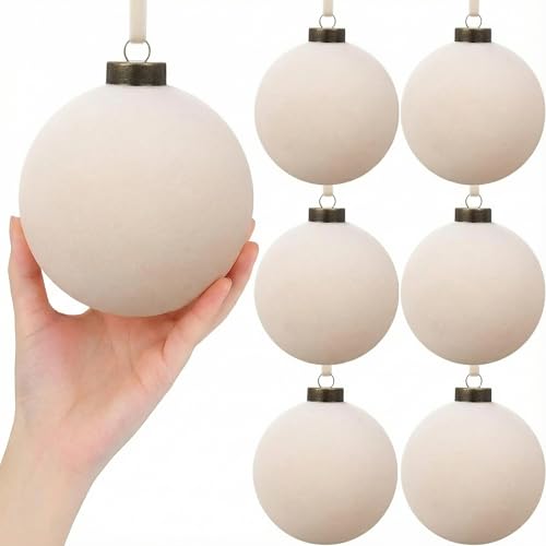 Beige Velvet Christmas Ball Ornaments 4 Inch - Set of 6 Holiday Decor