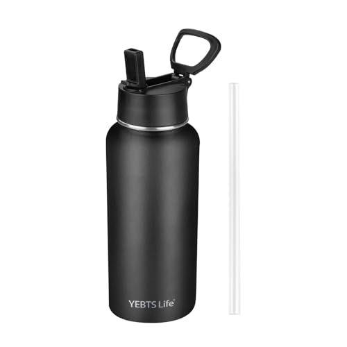 32 oz Insulated Stainless Steel Water Bottle with Straw - Black