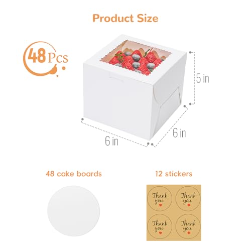 White 6 Inch Small Cake Boxes with Cake Boards & Stickers - Pack of 48