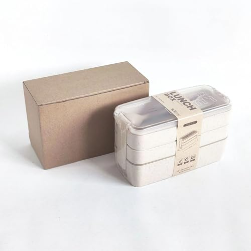 Beige 3-Layer Portable Bento Box 900ML Wheat Straw Food Storage Container