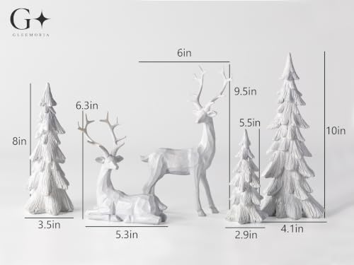White Christmas Reindeer Decor Set - Resin Woodland Holiday Figurines & Trees