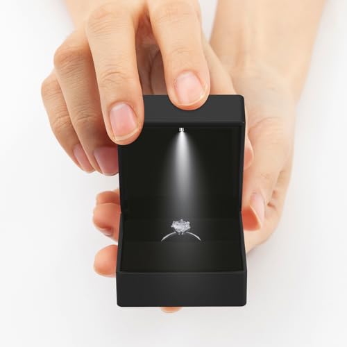 LETURE Black Velvet Ring Box with LED Light - 2 Piece Jewelry Display for Engagement & Wedding