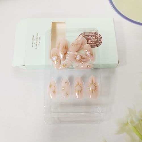 CEWEWP Almond Press on Nails French Tip with 3D Gold Star Rhinestones Glossy Nude False Nails 24Pcs