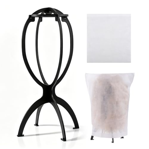 Portable Foldable Wig Stand with Dust Bag 13.8 Inch Black