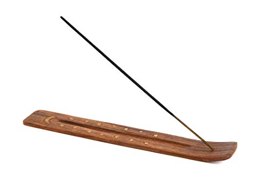 Handmade Wooden Incense Holder with Brass Moon Inlay - 10"