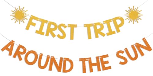 First Trip Around the Sun 1st Birthday Banner - Gold Orange Boho Sunshine