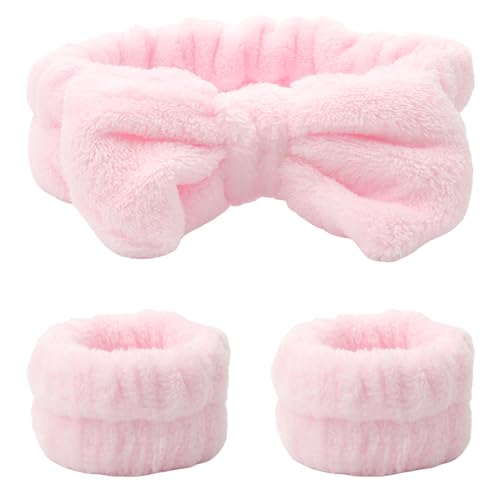 Mekupeu Pink Microfiber Spa Headband & Wrist Wash Band 3-Piece Set