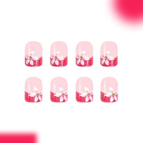 ZOAZJINAZ Peach Blossom Press On Nails Pink French Glitter False Nails