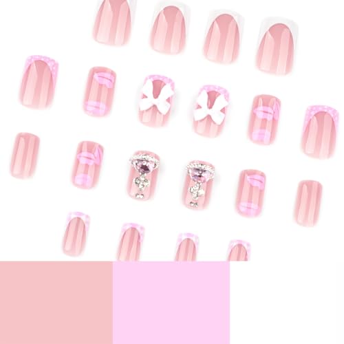 Pink French Tip Press on Nails Short Square Fake Nails with 3D Bow Rhinestones