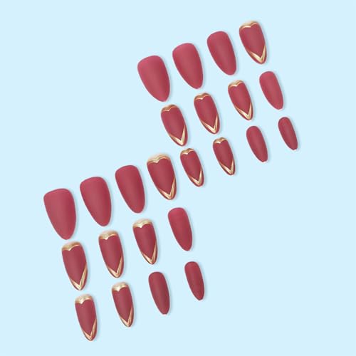Red Press on Nails Medium Almond Fake Nails with Gold Heart Design