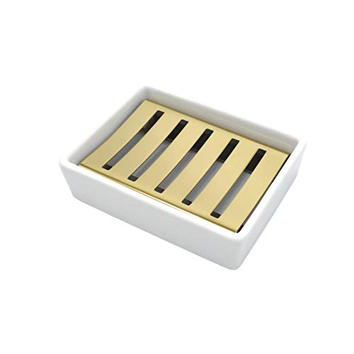 Lofekea Ceramic Soap Dish with Stainless Steel Self-Draining Tray