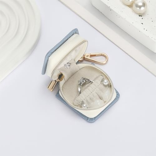KUKUVR Travel Jewelry Ring Holder Box with Keychain - Blue