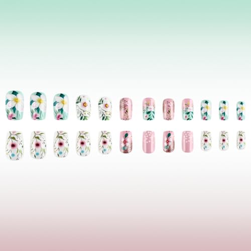 Summer Flower Press On Nails Medium Square Gradient Floral Acrylic Fake Nails Set