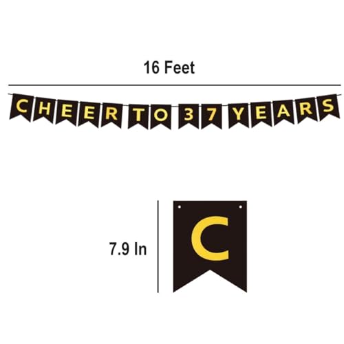 Black and Gold Cheers to 37 Years Banner - Pre-Strung 37th Birthday Party Decoration