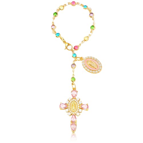 Virgen De Guadalupe Car Charm - Gold-Pink Cross Pendant Decor