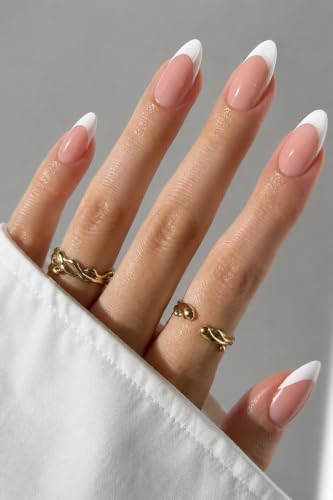 AzureBeauty White French Tip Short Almond Press On Nails, 32 Pcs