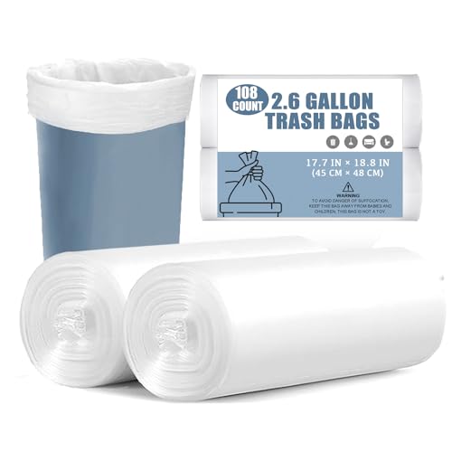 2.6 Gallon Small Trash Bags - 108 Count, Durable White Liners