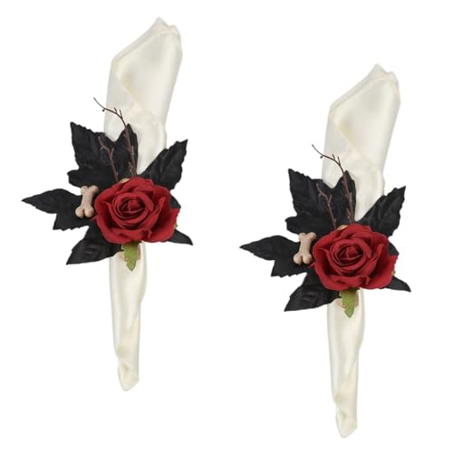 Gothic Napkin Rings Set of 2 with Black Leaves & Red Rose