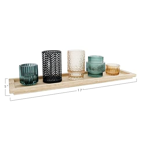Bloomingville Embossed Glass & Metal Tealight/Votive Holders on Rectangle Wood Tray (Set of 6 Pieces)