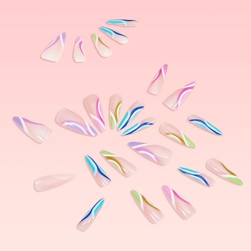 NICENEEDED Long Stiletto Press on Nails Colorful French Tip False Nails