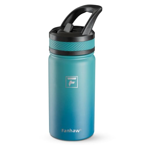 Fanhaw 14 oz Kids Insulated Water Bottle with Straw Lid - Green Blue
