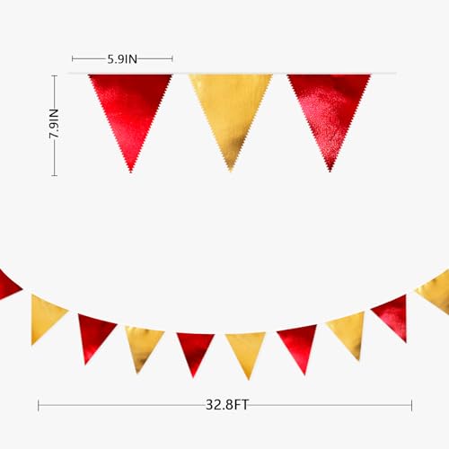 Red Gold Party Decorations Metallic Fabric Triangle Pennant Banner - 32ft, Reusable