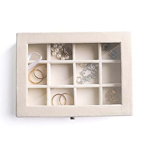 Frebeauty 12 Grid Velvet Earring Organizer Tray - Beige Jewelry Box