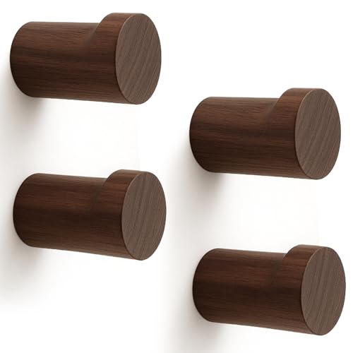 Natural Walnut Wood Wall Hooks - 4-Pack Heavy-Duty Coat & Hat Hangers