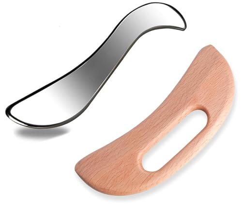 2Pcs Muscle Scraper Tool Set Stainless Steel & Wooden Gua Sha