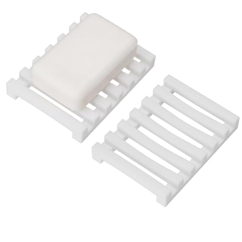 White Slotted Silicone Soap Dish - Self Draining Bathroom & Kitchen Soap Holder, Non Slip, Quick Dry