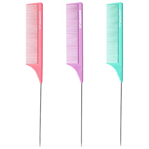 Rat Tail Combs 3-Pack with Metal Pick for Braiding and Parting