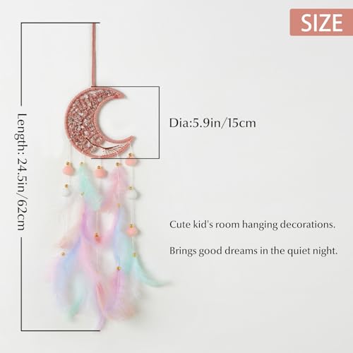 Pretty Jolly Pink Moon Dream Catcher with Crystal Stones Wall Decor