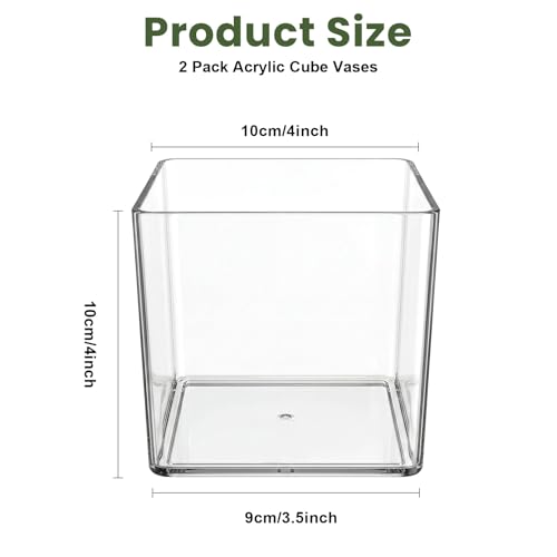 Wowang 4x4 Inch Clear Square Acrylic Vases - 2 Pack Modern Cube Flower Vase