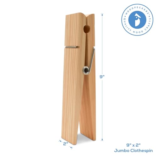 Oversized Wooden Clothespins - 9-Inch Heavy Duty, Pack of 2 for Crafts & Laundry Decor