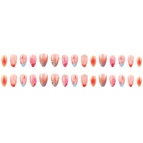 Pink Press on Nails Short Almond Fake Nails with Gold Beads 24Pcs